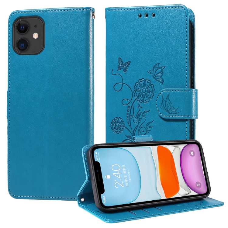

For iPhone 11 Embossed Butterfly Flowers Leather Phone Case(Blue)