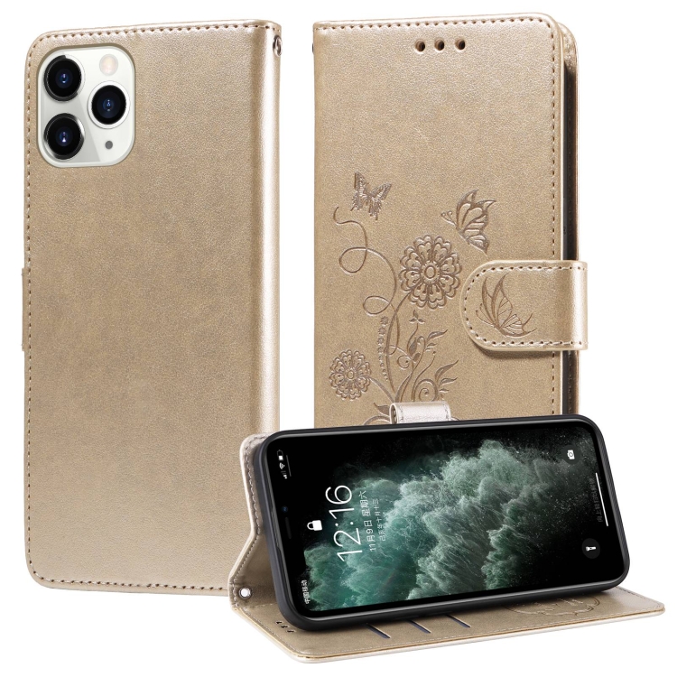 

For iPhone 11 Pro Embossed Butterfly Flowers Leather Phone Case(Gold)