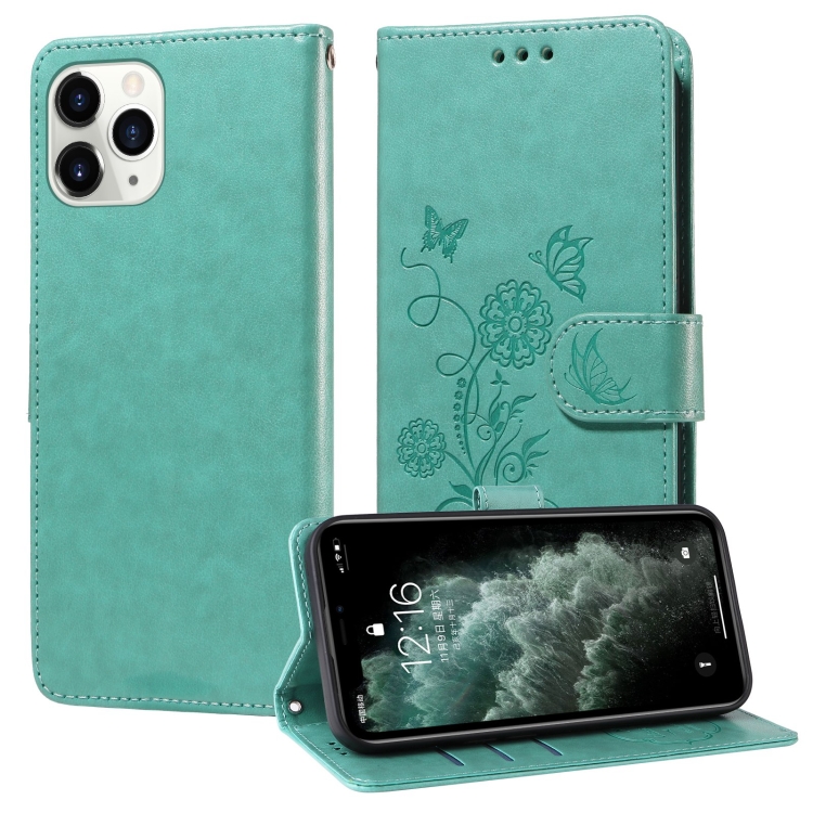 

For iPhone 11 Pro Embossed Butterfly Flowers Leather Phone Case(Green)