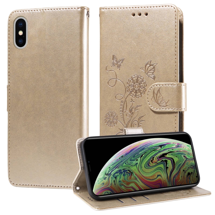 

For iPhone X / XS Embossed Butterfly Flowers Leather Phone Case(Gold)