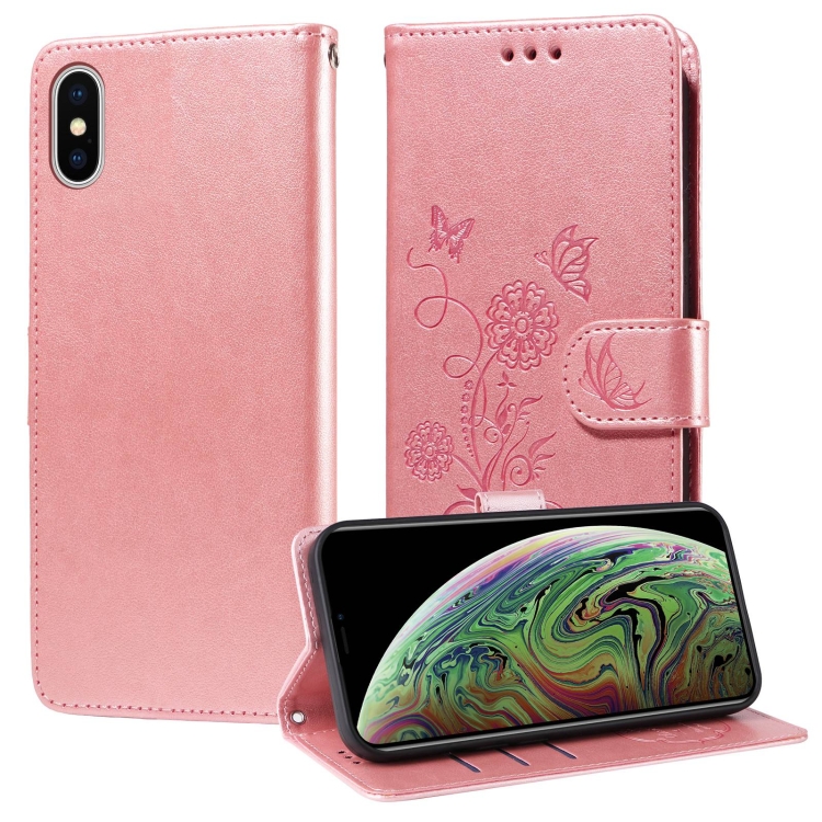 

For iPhone X / XS Embossed Butterfly Flowers Leather Phone Case(Rose Gold)