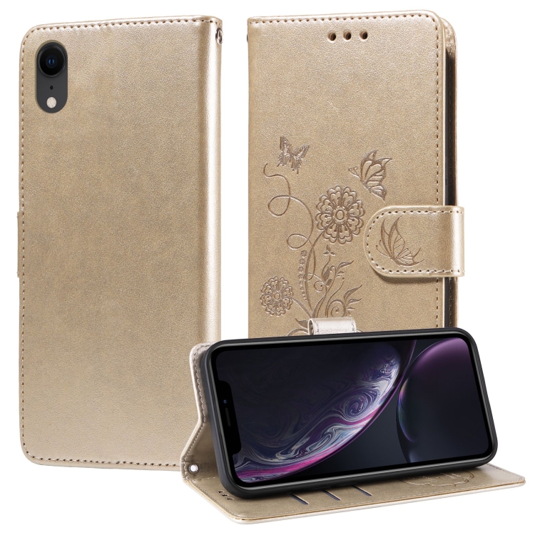 

For iPhone XR Embossed Butterfly Flowers Leather Phone Case(Gold)