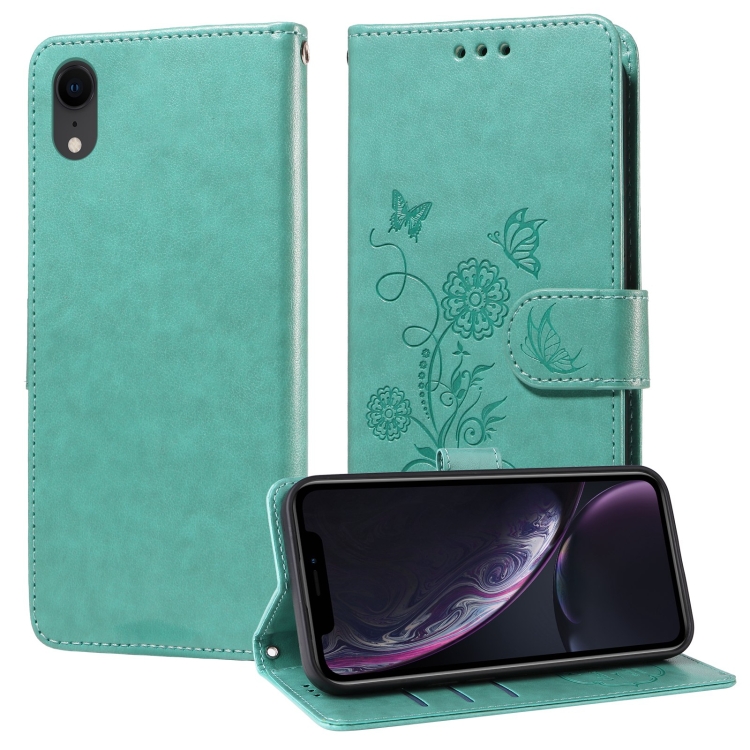 

For iPhone XR Embossed Butterfly Flowers Leather Phone Case(Green)