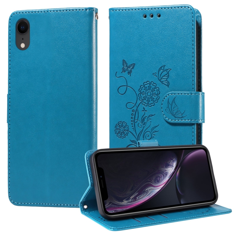 

For iPhone XR Embossed Butterfly Flowers Leather Phone Case(Blue)