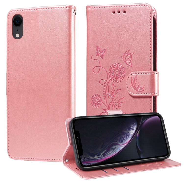 

For iPhone XR Embossed Butterfly Flowers Leather Phone Case(Rose Gold)