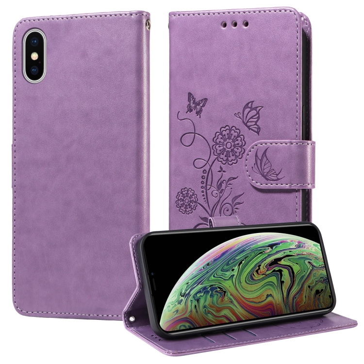 

For iPhone XS Max Embossed Butterfly Flowers Leather Phone Case(Purple)
