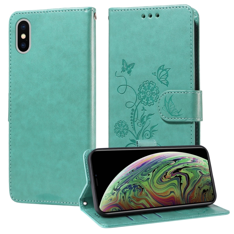 

For iPhone XS Max Embossed Butterfly Flowers Leather Phone Case(Green)