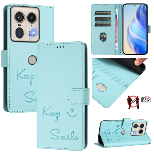 

For Motorola Edge 5G Global Smile Embossing RFID Leather Phone Case(Mint Green)