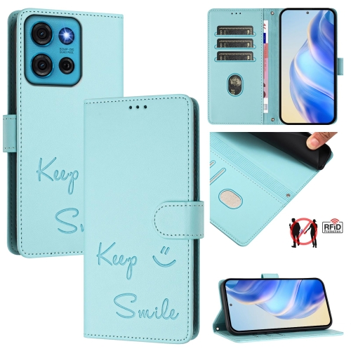 

For Motorola Moto G75 5G Smile Embossing RFID Leather Phone Case(Mint Green)