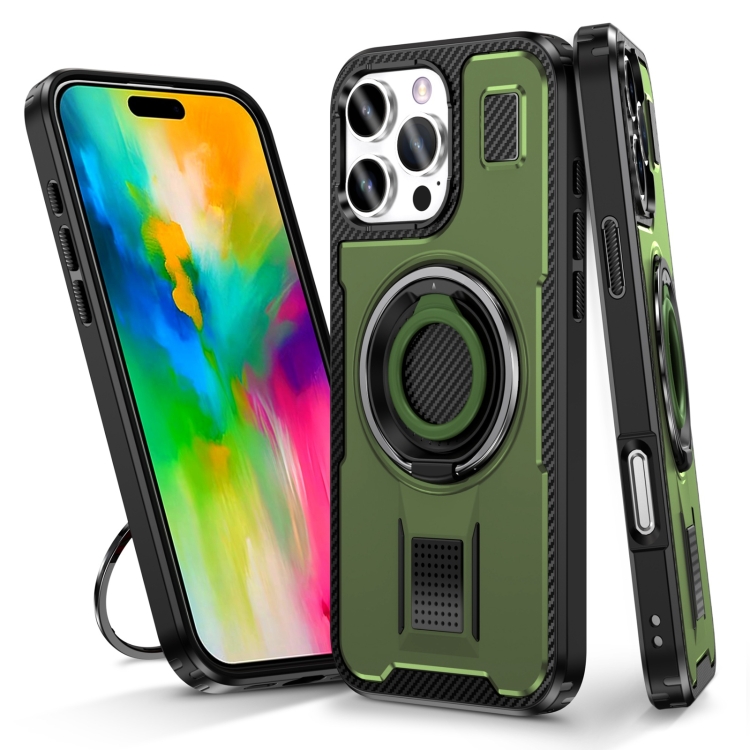 

For iPhone 16 Pro Ring Holder Carbon Fiber PC Hybrid TPU Phone Case(Army Green)