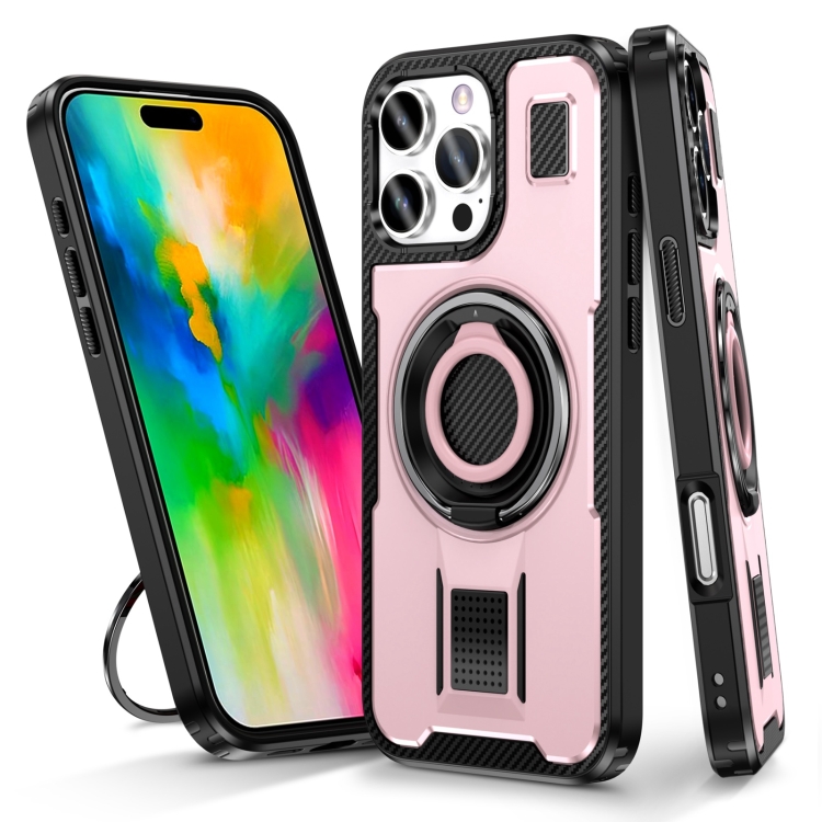 

For iPhone 16 Pro Ring Holder Carbon Fiber PC Hybrid TPU Phone Case(Rose Gold)
