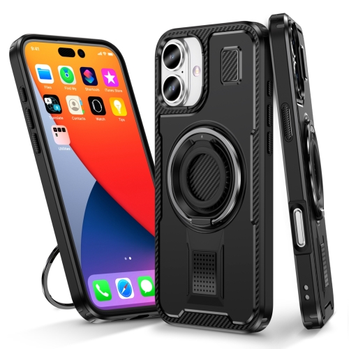 

For iPhone 16 Plus Ring Holder Carbon Fiber PC Hybrid TPU Phone Case(Black)