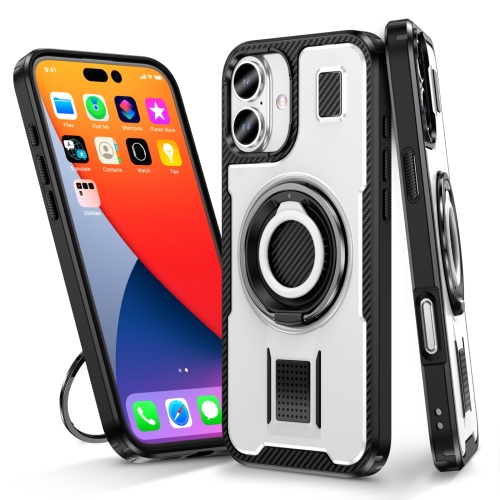 

For iPhone 16 Ring Holder Carbon Fiber PC Hybrid TPU Phone Case(White)