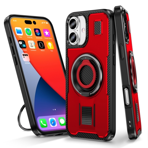 

For iPhone 16 Ring Holder Carbon Fiber PC Hybrid TPU Phone Case(Red)