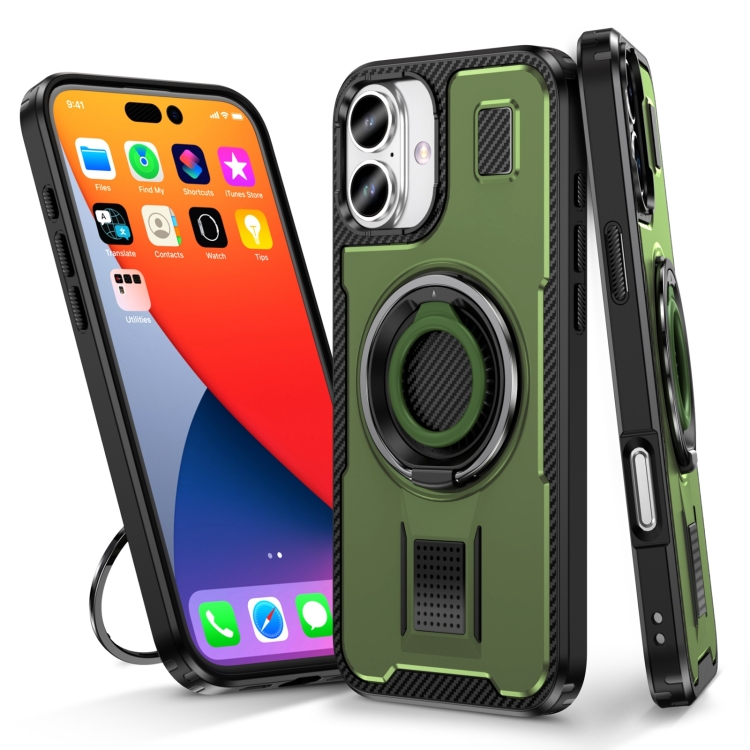 

For iPhone 16 Ring Holder Carbon Fiber PC Hybrid TPU Phone Case(Army Green)