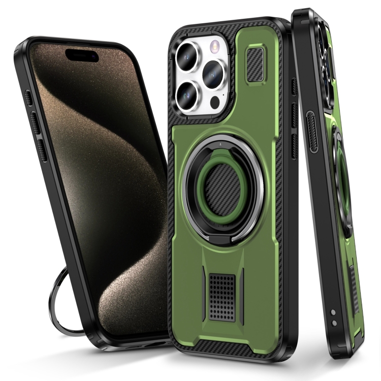 

For iPhone 15 Pro Max Ring Holder Carbon Fiber PC Hybrid TPU Phone Case(Army Green)