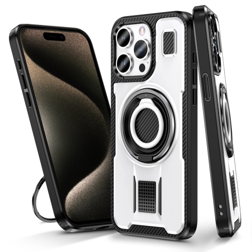 

For iPhone 15 Pro Ring Holder Carbon Fiber PC Hybrid TPU Phone Case(White)