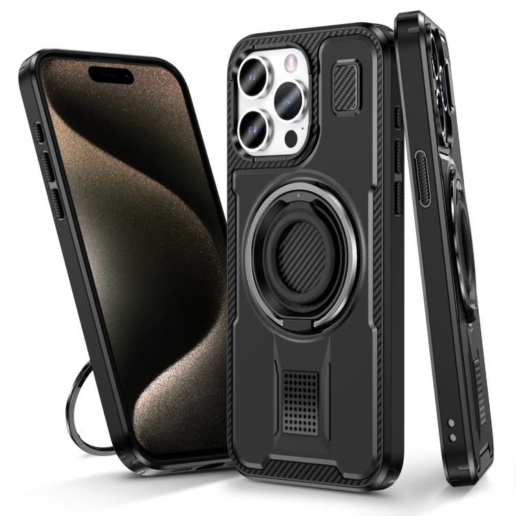 

For iPhone 15 Pro Ring Holder Carbon Fiber PC Hybrid TPU Phone Case(Black)