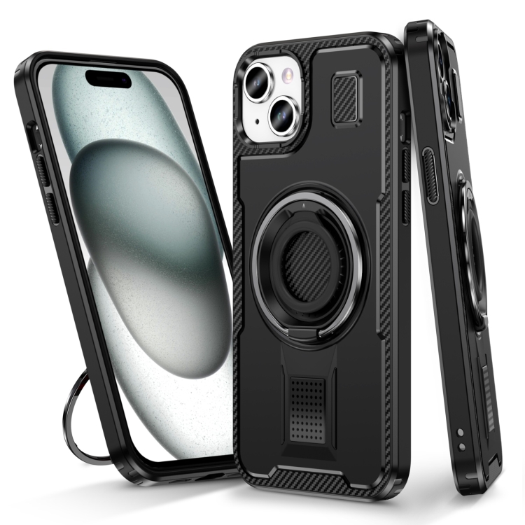 

For iPhone 15 Ring Holder Carbon Fiber PC Hybrid TPU Phone Case(Black)