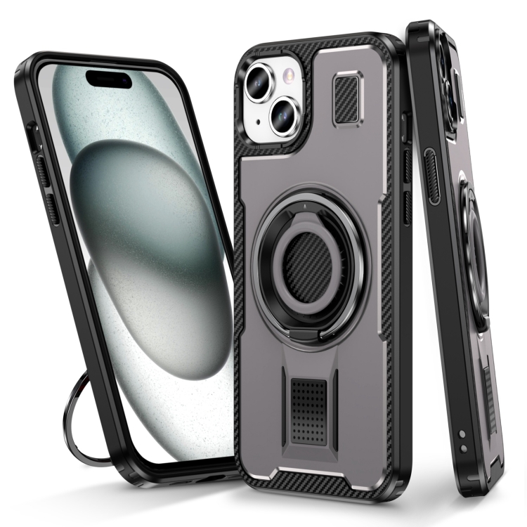 

For iPhone 15 Ring Holder Carbon Fiber PC Hybrid TPU Phone Case(Grey)