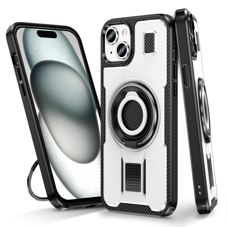 

For iPhone 14 / 13 Ring Holder Carbon Fiber PC Hybrid TPU Phone Case(White)