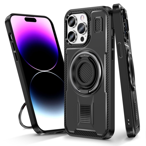 

For iPhone 14 Pro Ring Holder Carbon Fiber PC Hybrid TPU Phone Case(Black)