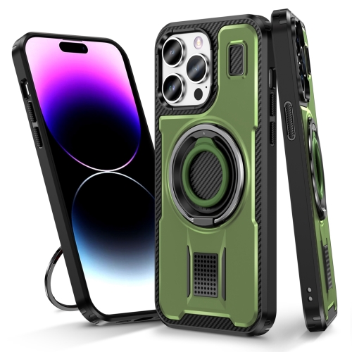 

For iPhone 14 Pro Ring Holder Carbon Fiber PC Hybrid TPU Phone Case(Army Green)