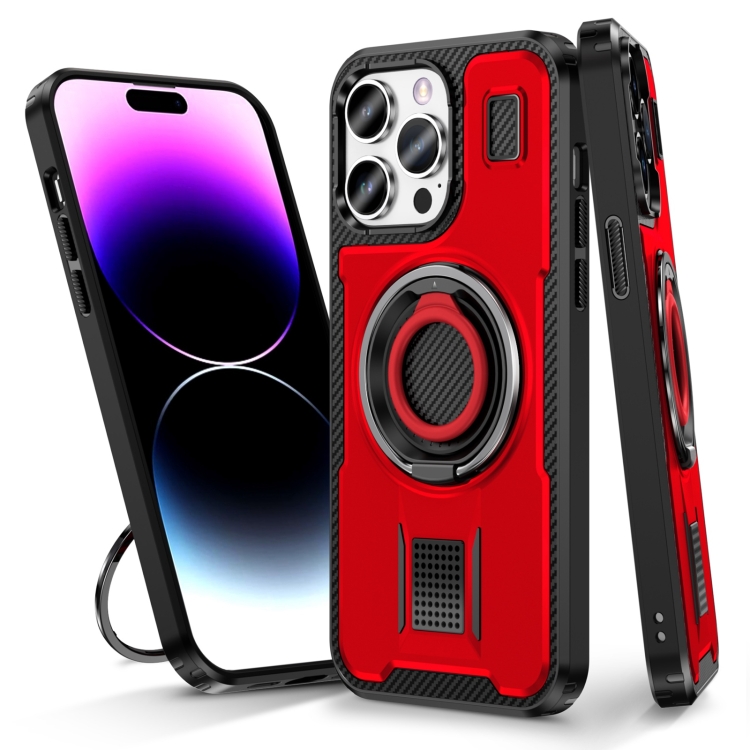 

For iPhone 14 Pro Max Ring Holder Carbon Fiber PC Hybrid TPU Phone Case(Red)
