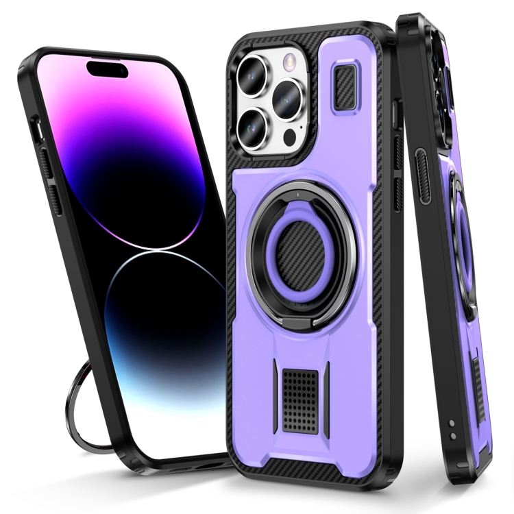 

For iPhone 14 Pro Max Ring Holder Carbon Fiber PC Hybrid TPU Phone Case(Purple)