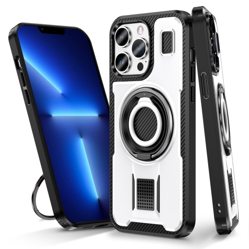 

For iPhone 13 Pro Max Ring Holder Carbon Fiber PC Hybrid TPU Phone Case(White)