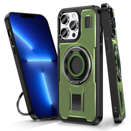 

For iPhone 13 Pro Max Ring Holder Carbon Fiber PC Hybrid TPU Phone Case(Army Green)