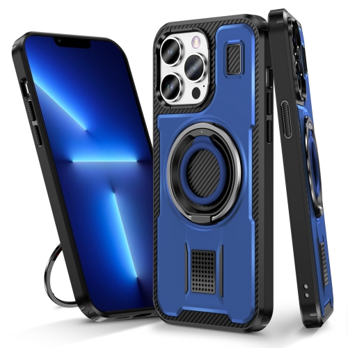 

For iPhone 13 Pro Max Ring Holder Carbon Fiber PC Hybrid TPU Phone Case(Blue)