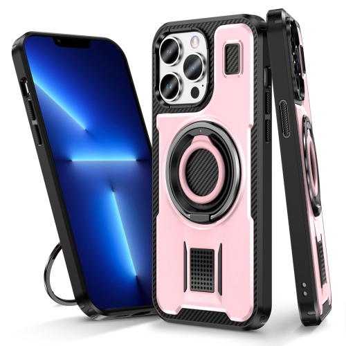 

For iPhone 13 Pro Ring Holder Carbon Fiber PC Hybrid TPU Phone Case(Rose Gold)