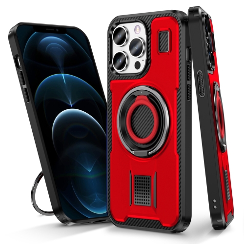 

For iPhone 12 / 12 Pro Ring Holder Carbon Fiber PC Hybrid TPU Phone Case(Red)