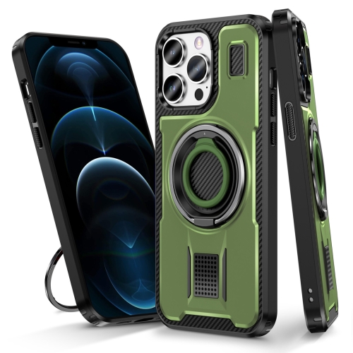 

For iPhone 12 / 12 Pro Ring Holder Carbon Fiber PC Hybrid TPU Phone Case(Army Green)