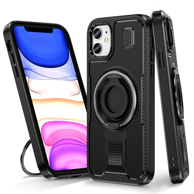

For iPhone 11 Ring Holder Carbon Fiber PC Hybrid TPU Phone Case(Black)