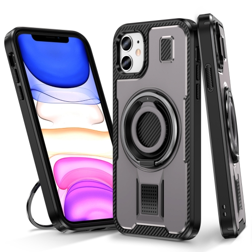 

For iPhone 11 Ring Holder Carbon Fiber PC Hybrid TPU Phone Case(Grey)