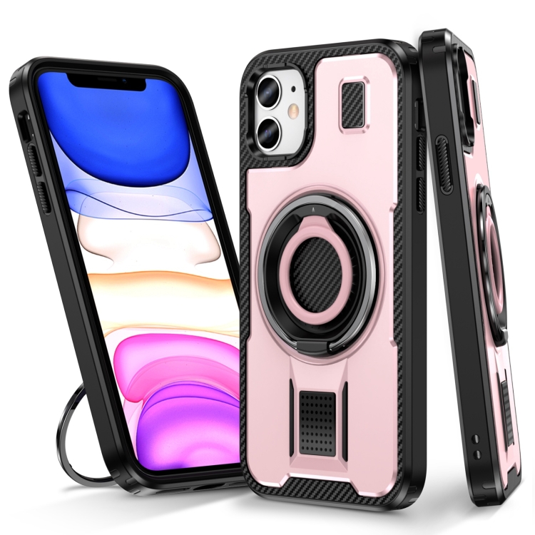 

For iPhone 11 Ring Holder Carbon Fiber PC Hybrid TPU Phone Case(Rose Gold)