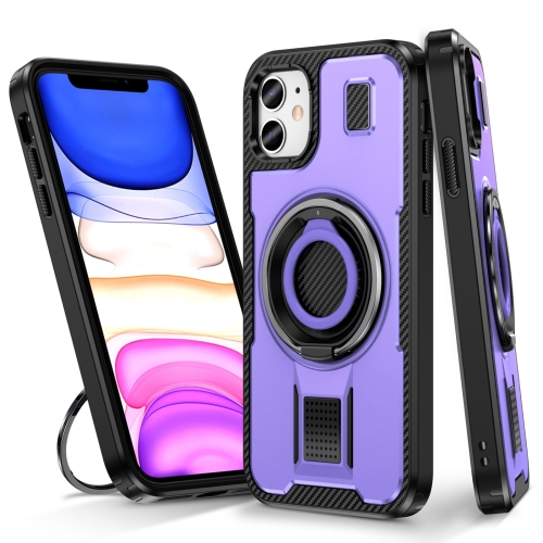 

For iPhone 11 Ring Holder Carbon Fiber PC Hybrid TPU Phone Case(Purple)