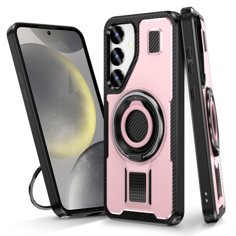 

For Samsung Galaxy S24 FE 5G Ring Holder Carbon Fiber PC Hybrid TPU Phone Case(Rose Gold)