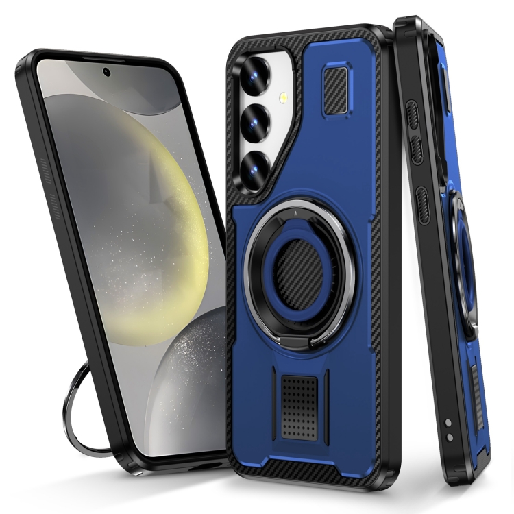 

For Samsung Galaxy S24 5G Ring Holder Carbon Fiber PC Hybrid TPU Phone Case(Blue)