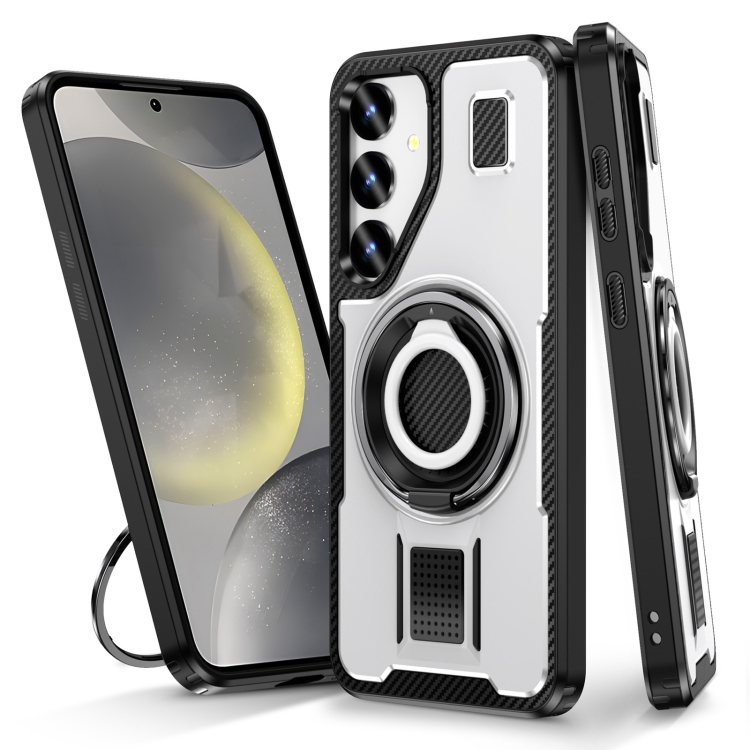 

For Samsung Galaxy S24+ 5G Ring Holder Carbon Fiber PC Hybrid TPU Phone Case(White)