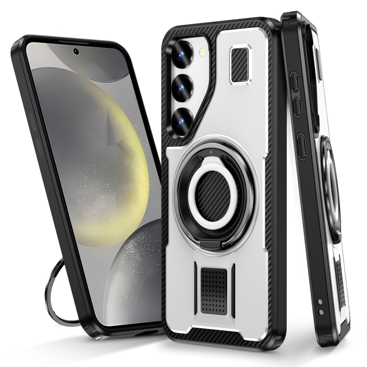 

For Samsung Galaxy S23 5G Ring Holder Carbon Fiber PC Hybrid TPU Phone Case(White)