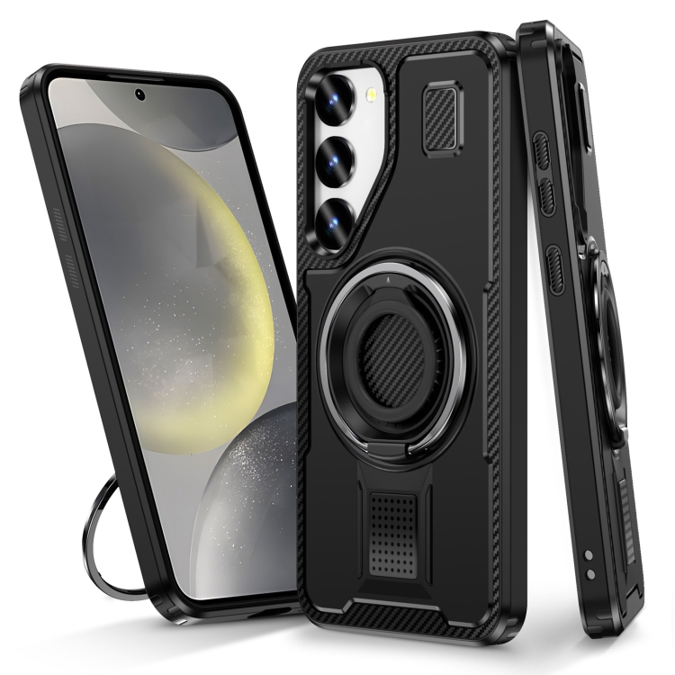 

For Samsung Galaxy S23 5G Ring Holder Carbon Fiber PC Hybrid TPU Phone Case(Black)