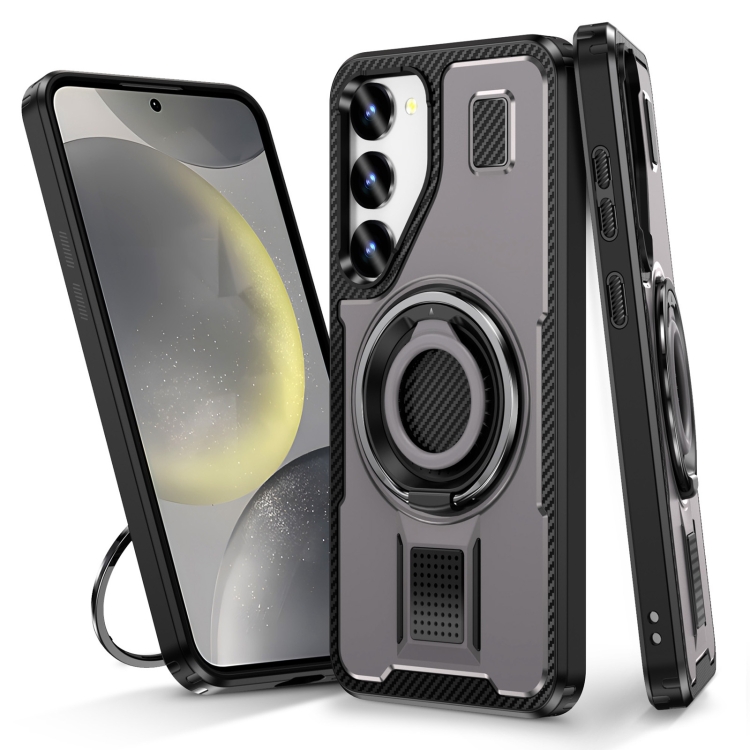 

For Samsung Galaxy S23 5G Ring Holder Carbon Fiber PC Hybrid TPU Phone Case(Grey)