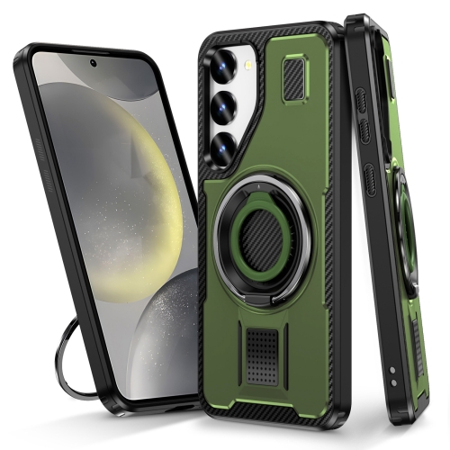 

For Samsung Galaxy S23 5G Ring Holder Carbon Fiber PC Hybrid TPU Phone Case(Army Green)