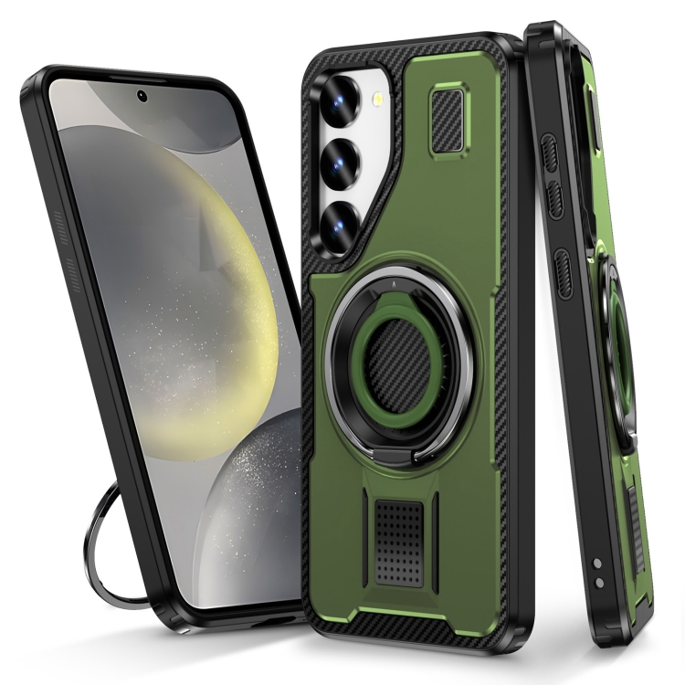 

For Samsung Galaxy S23+ 5G Ring Holder Carbon Fiber PC Hybrid TPU Phone Case(Army Green)