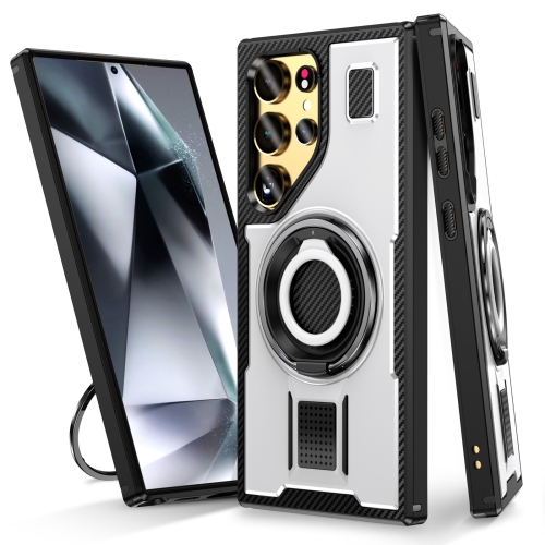 

For Samsung Galaxy S23 Ultra 5G Ring Holder Carbon Fiber PC Hybrid TPU Phone Case(White)