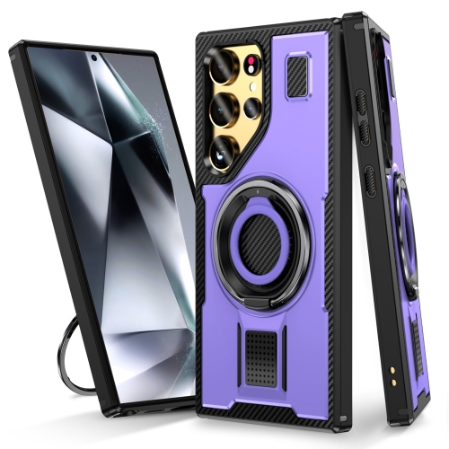 

For Samsung Galaxy S23 Ultra 5G Ring Holder Carbon Fiber PC Hybrid TPU Phone Case(Purple)