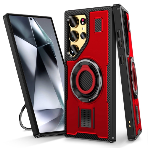 

For Samsung Galaxy S22 Ultra 5G Ring Holder Carbon Fiber PC Hybrid TPU Phone Case(Red)